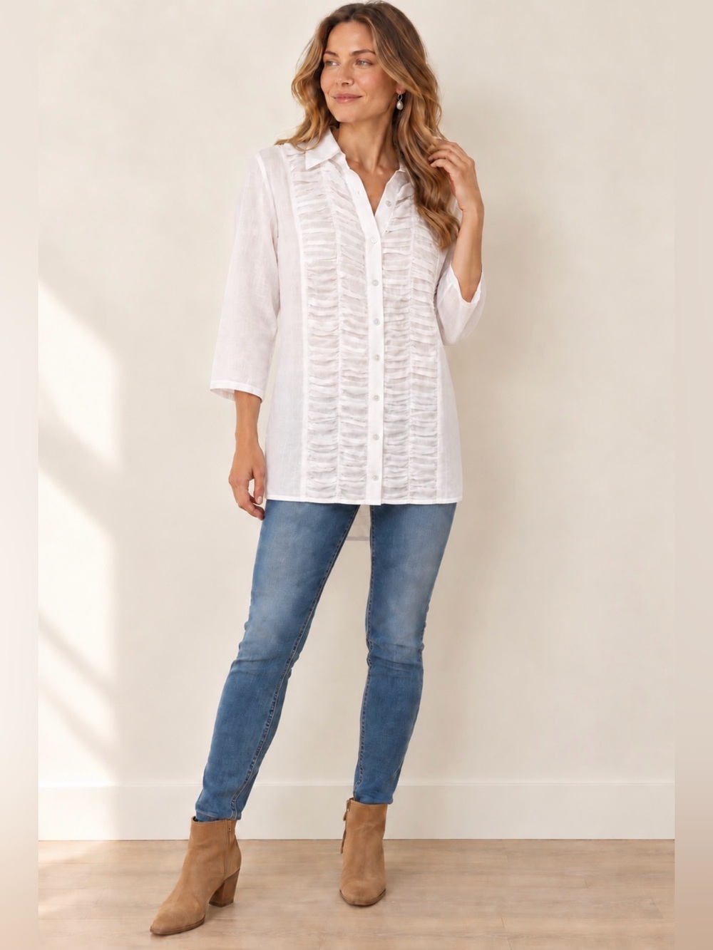 Sundance White Blouse Ruched Size 4 S Casual beach chic tunic abalone cotton top